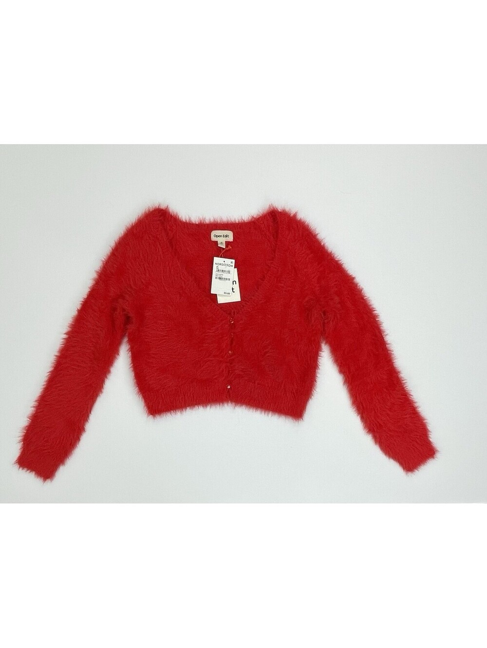 NWT Open Edit Red Eyelash Knit Crop Cardigan Sweater Fuzzy Cropped XS Red Goji